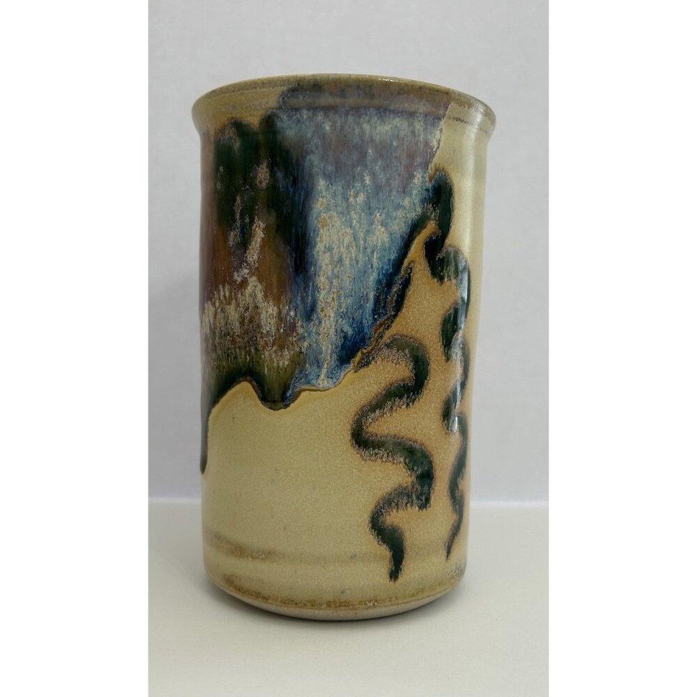 Studio Pottery Mug Tall 5 1/2 inches Drip Glaze Beige Brown Blue Signed Glosssy - Picture 2 of 16
